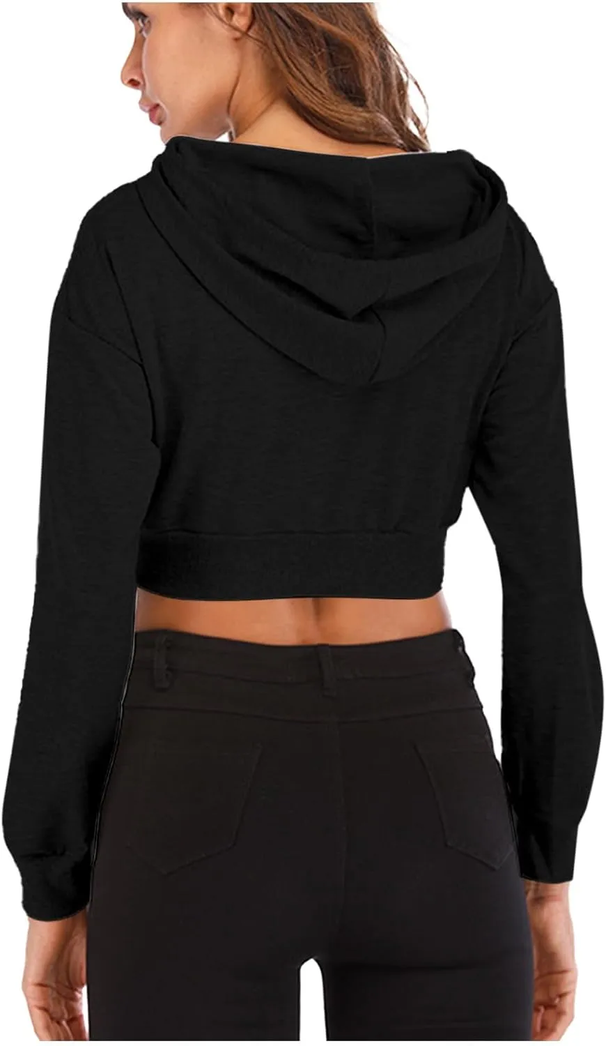 NATHGAM Womens Cropped Hoodie Fleece Casual Long Sleeve Pullover Hood Sweatshirt Drawstring Cute Workout Ribbed Hem Crop Tops