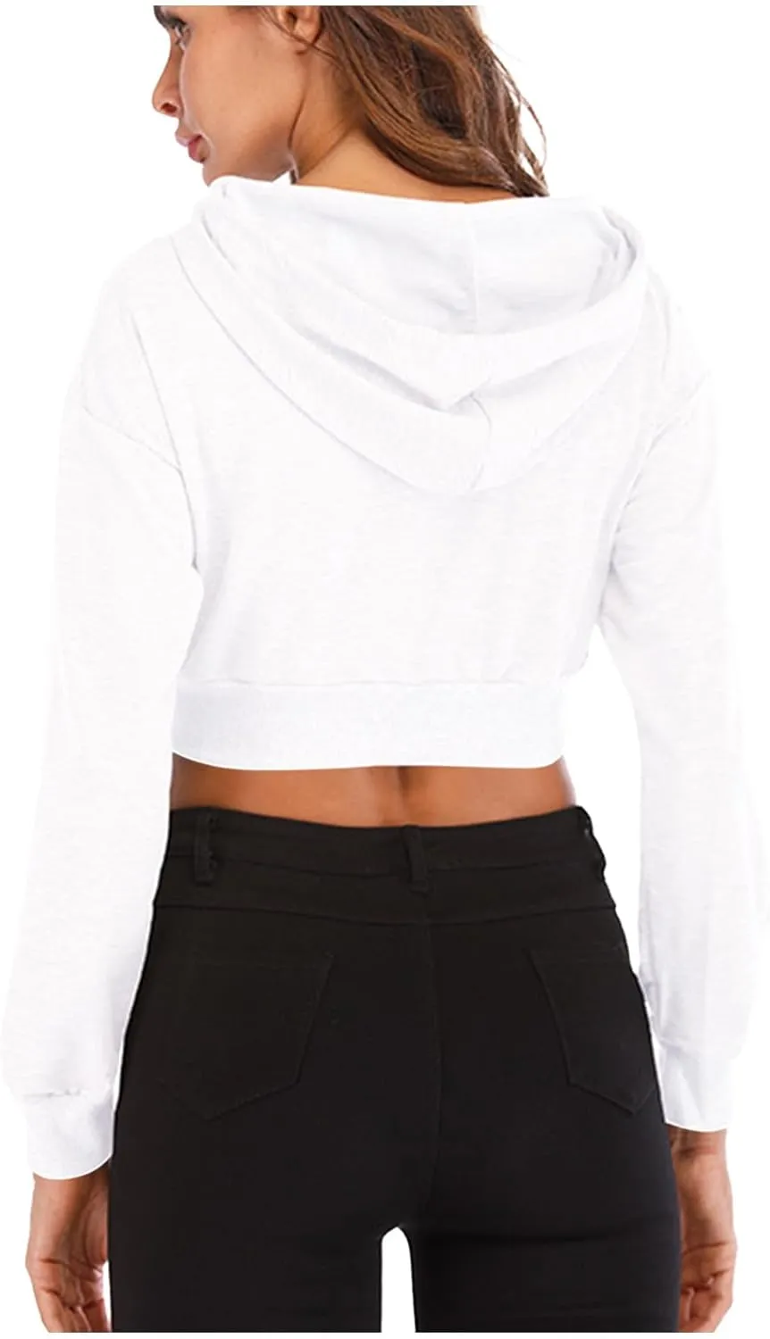 NATHGAM Womens Cropped Hoodie Fleece Casual Long Sleeve Pullover Hood Sweatshirt Drawstring Cute Workout Ribbed Hem Crop Tops