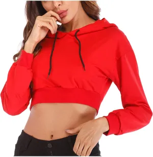 NATHGAM Womens Cropped Hoodie Fleece Casual Long Sleeve Pullover Hood Sweatshirt Drawstring Cute Workout Ribbed Hem Crop Tops