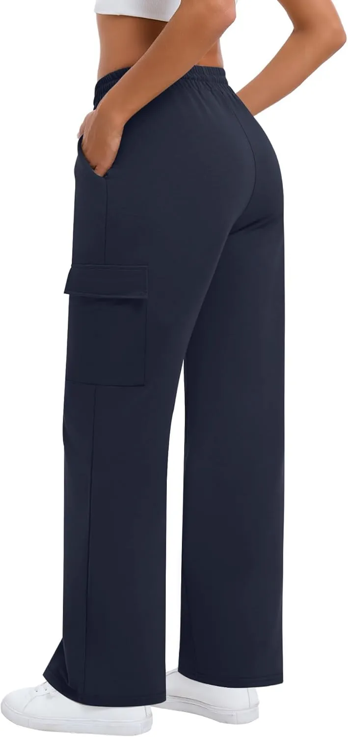 Neer Women's Cargo Sweatpants High Waisted Wide Leg Sweat Pants Drawstring Casual Baggy Joggers Straight Trouser with Pockets