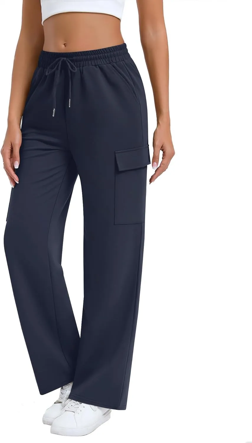 Neer Women's Cargo Sweatpants High Waisted Wide Leg Sweat Pants Drawstring Casual Baggy Joggers Straight Trouser with Pockets