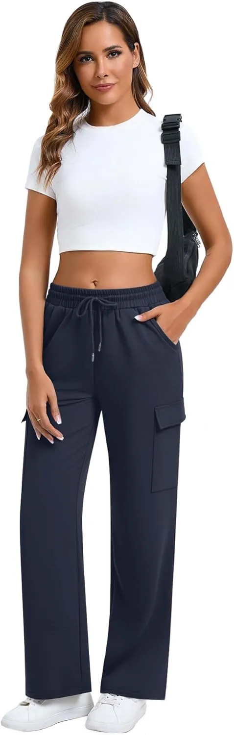 Neer Women's Cargo Sweatpants High Waisted Wide Leg Sweat Pants Drawstring Casual Baggy Joggers Straight Trouser with Pockets
