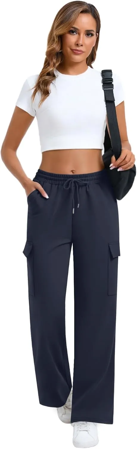 Neer Women's Cargo Sweatpants High Waisted Wide Leg Sweat Pants Drawstring Casual Baggy Joggers Straight Trouser with Pockets