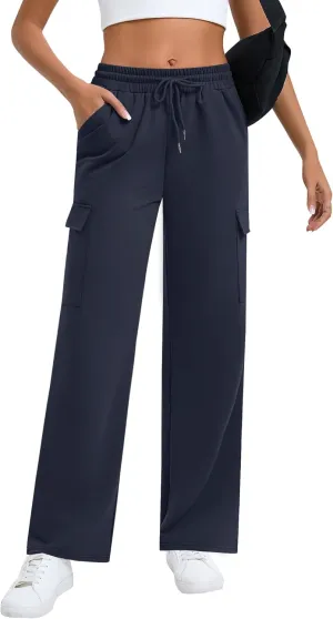 Neer Women's Cargo Sweatpants High Waisted Wide Leg Sweat Pants Drawstring Casual Baggy Joggers Straight Trouser with Pockets