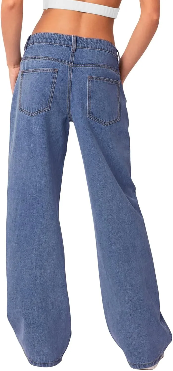 NIMIN Womens Mid Waist Boyfriend Jeans Summer Casual Lounge Loose Straight Wide Leg Y2K Pants with Pockets