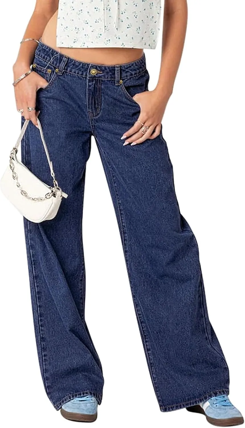 NIMIN Womens Mid Waist Boyfriend Jeans Summer Casual Lounge Loose Straight Wide Leg Y2K Pants with Pockets