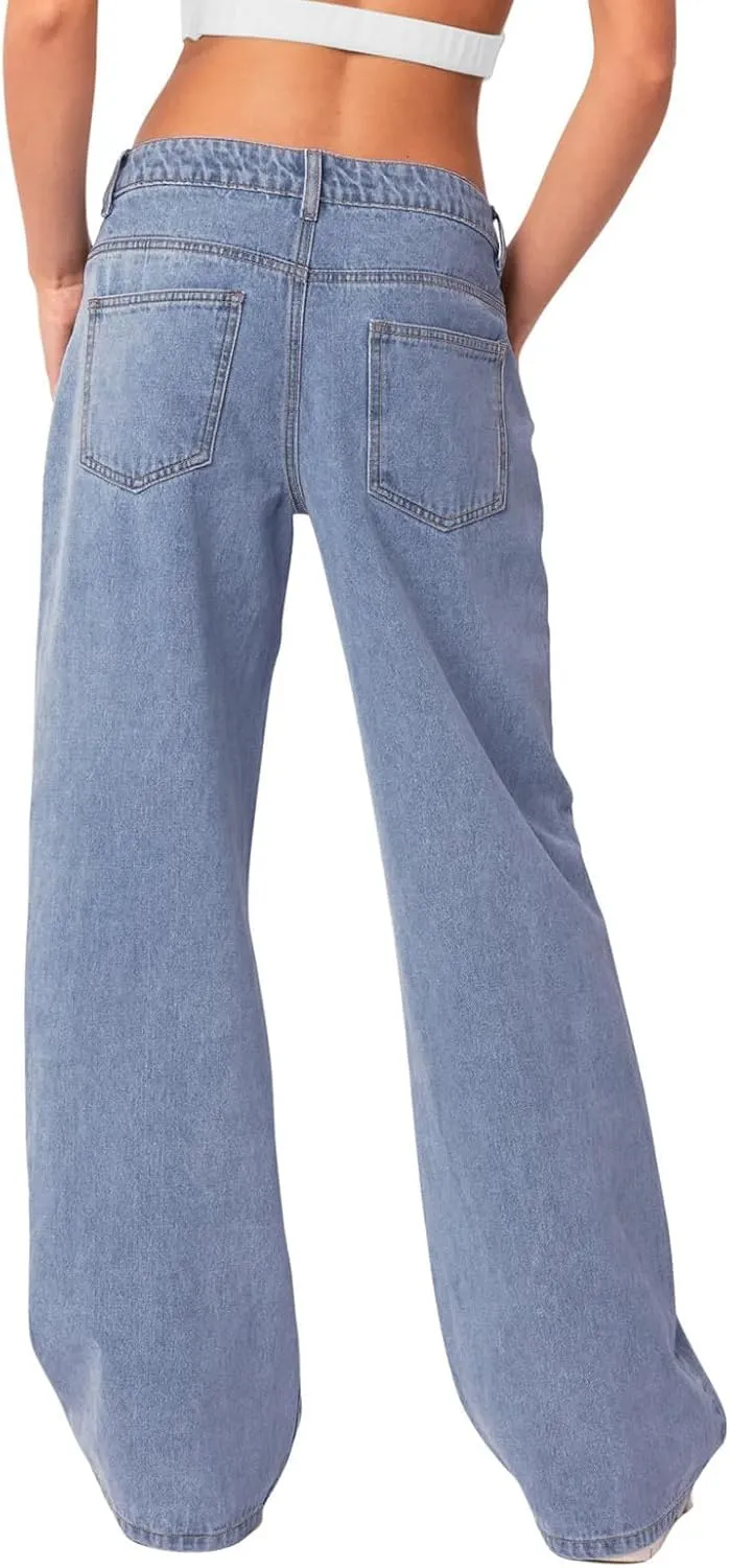 NIMIN Womens Mid Waist Boyfriend Jeans Summer Casual Lounge Loose Straight Wide Leg Y2K Pants with Pockets
