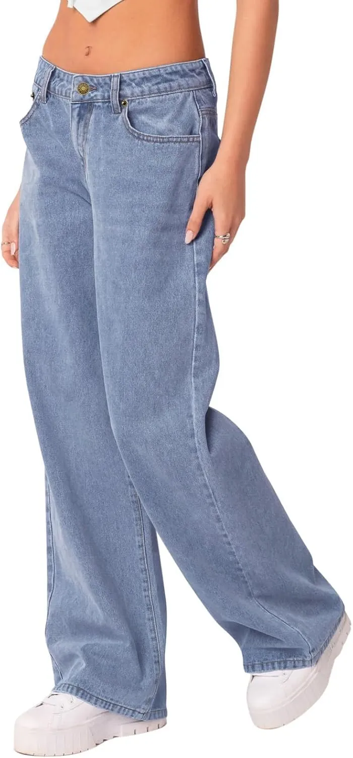 NIMIN Womens Mid Waist Boyfriend Jeans Summer Casual Lounge Loose Straight Wide Leg Y2K Pants with Pockets