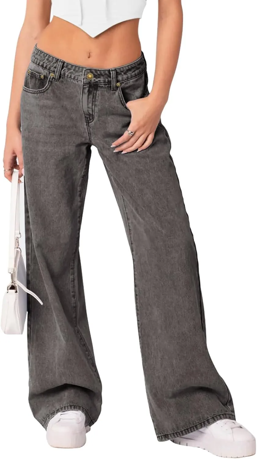 NIMIN Womens Mid Waist Boyfriend Jeans Summer Casual Lounge Loose Straight Wide Leg Y2K Pants with Pockets