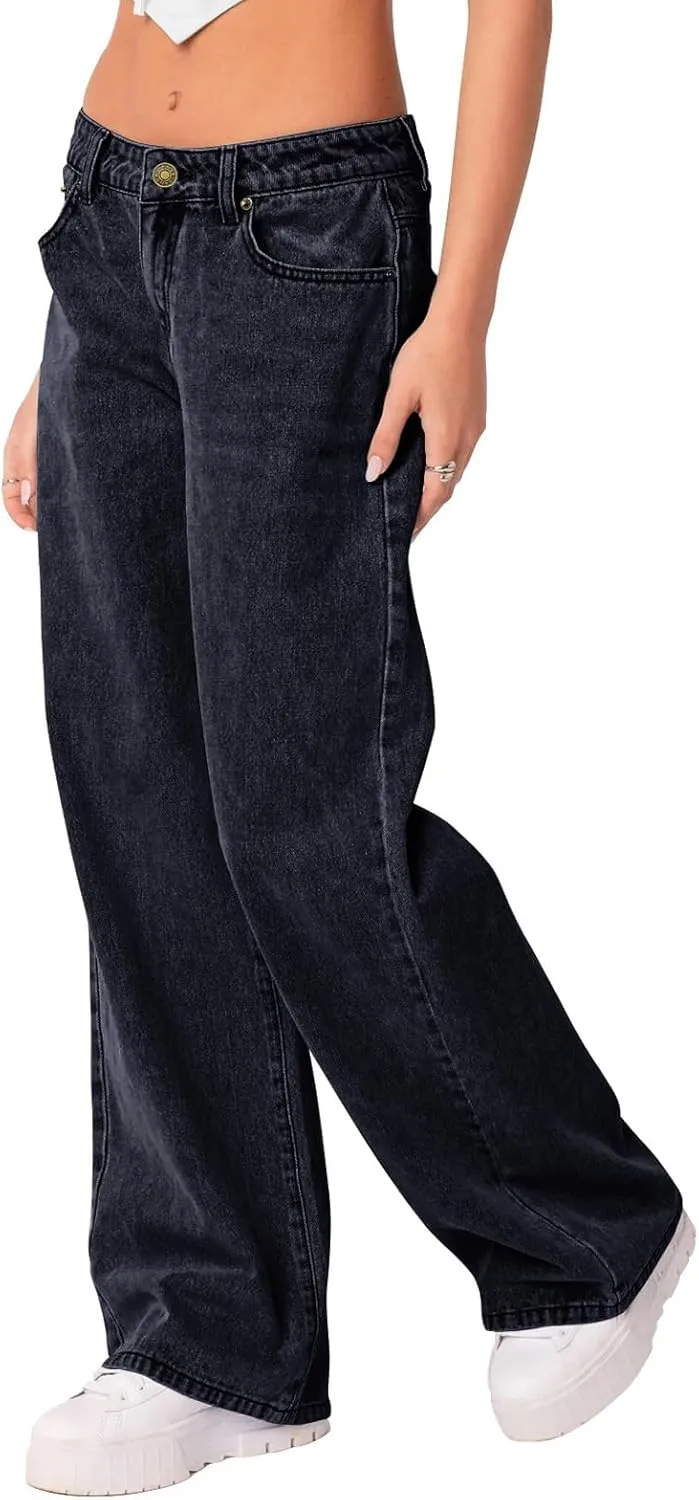 NIMIN Womens Mid Waist Boyfriend Jeans Summer Casual Lounge Loose Straight Wide Leg Y2K Pants with Pockets