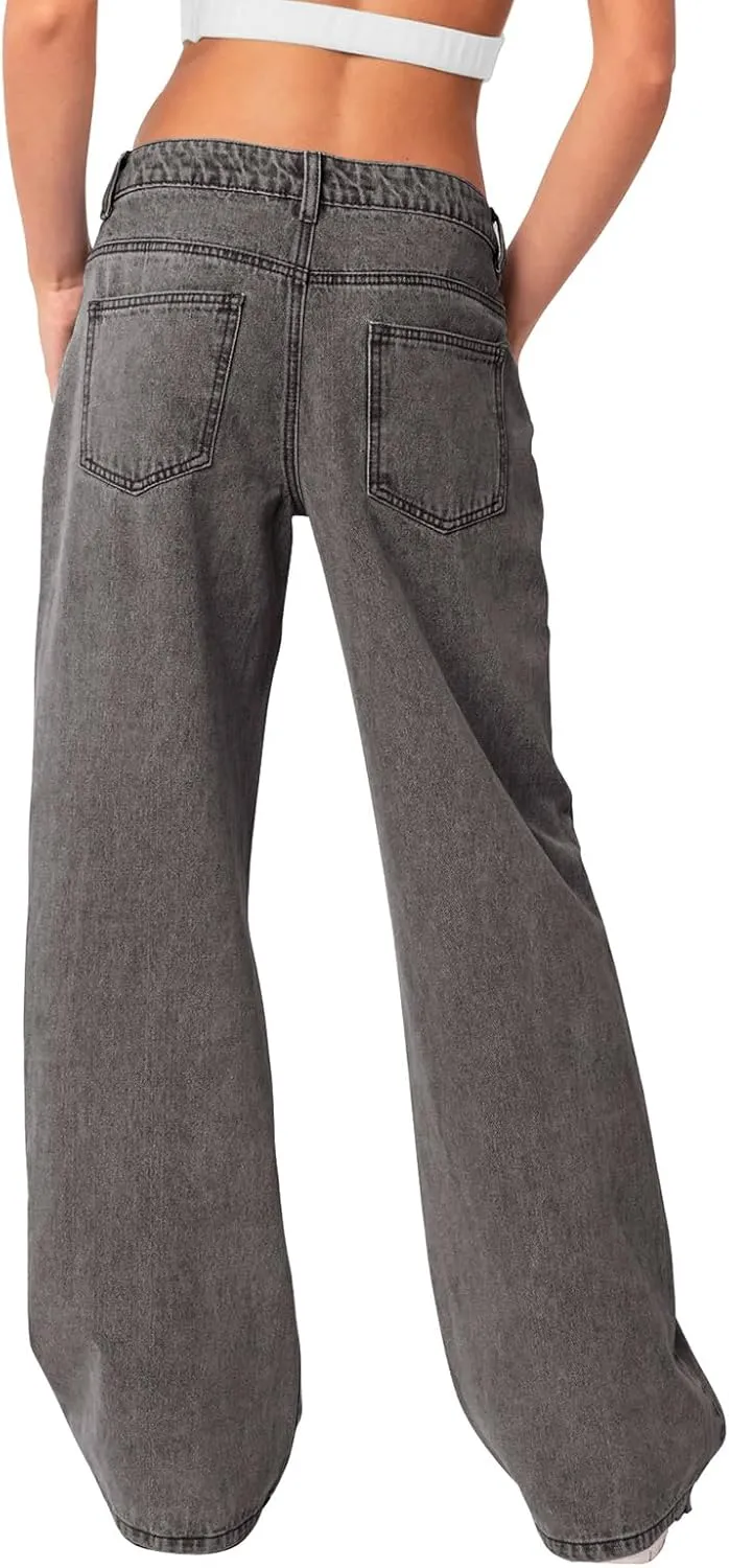 NIMIN Womens Mid Waist Boyfriend Jeans Summer Casual Lounge Loose Straight Wide Leg Y2K Pants with Pockets
