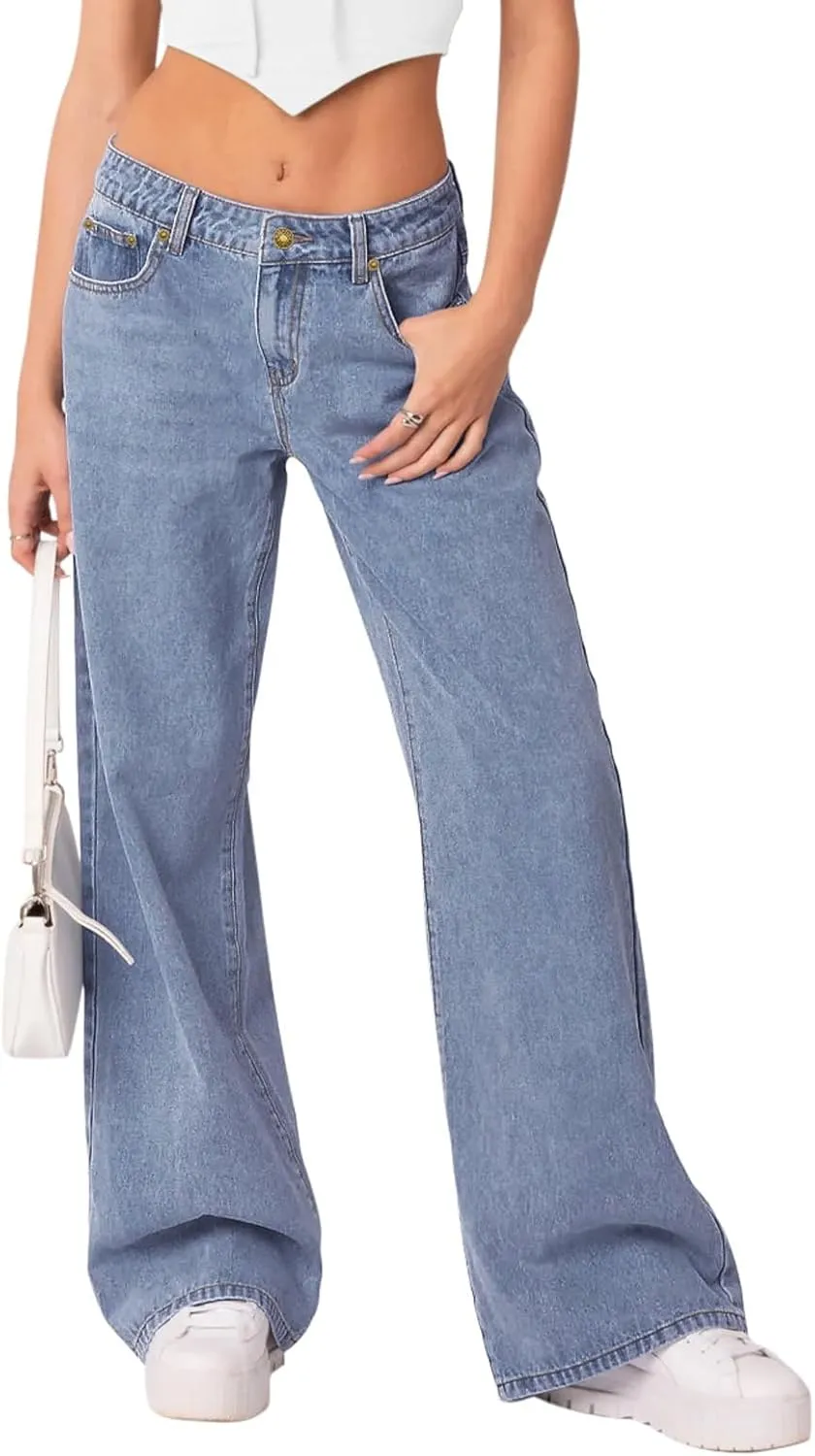 NIMIN Womens Mid Waist Boyfriend Jeans Summer Casual Lounge Loose Straight Wide Leg Y2K Pants with Pockets