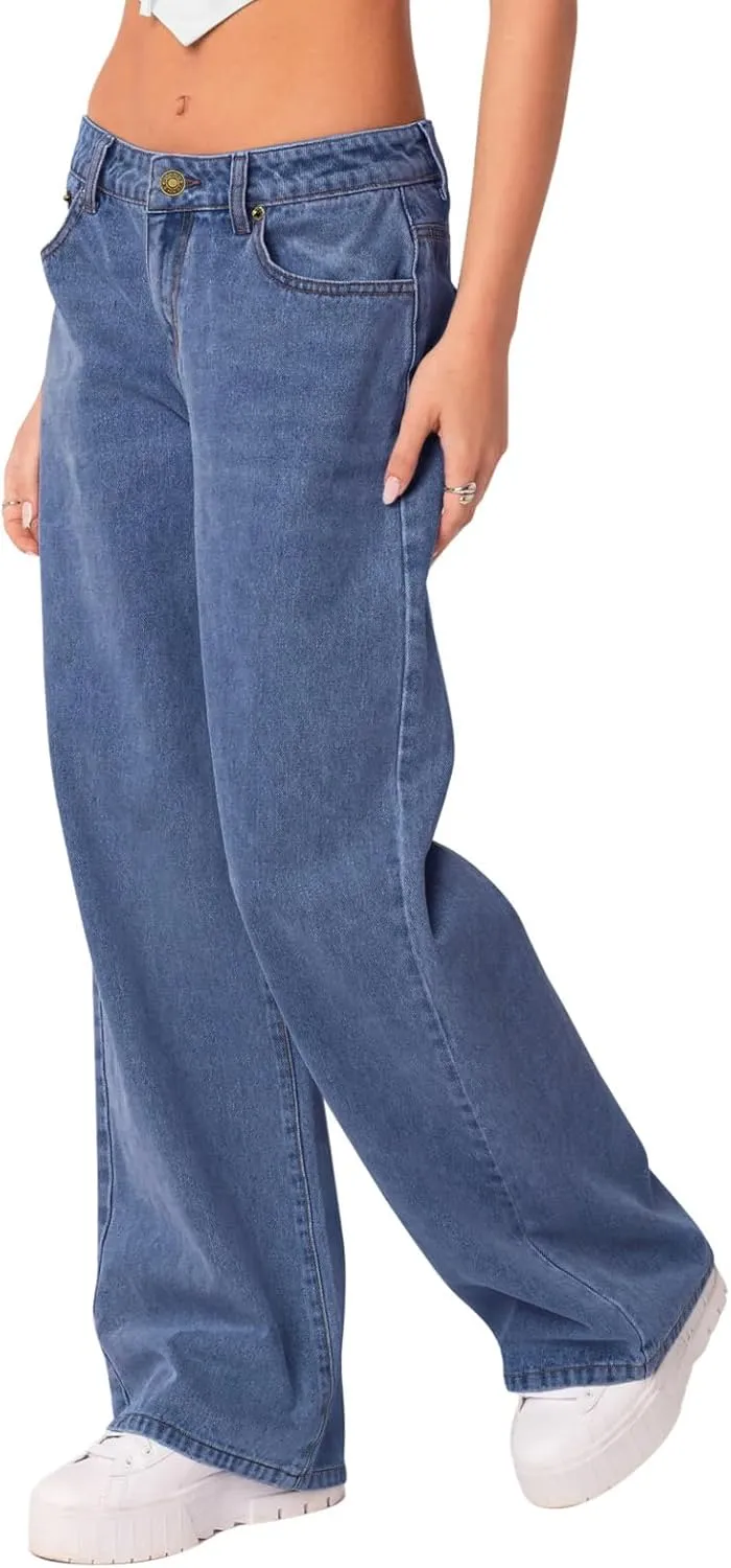 NIMIN Womens Mid Waist Boyfriend Jeans Summer Casual Lounge Loose Straight Wide Leg Y2K Pants with Pockets