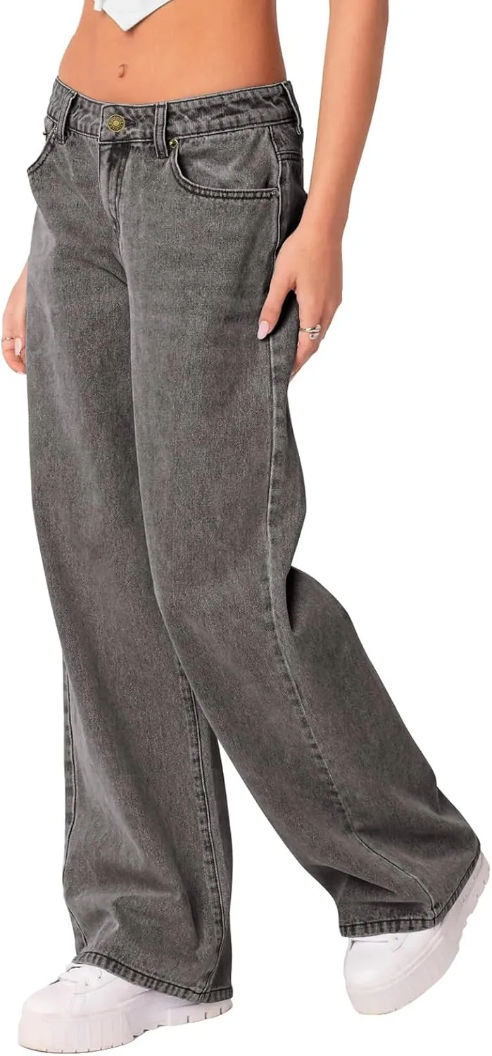 NIMIN Womens Mid Waist Boyfriend Jeans Summer Casual Lounge Loose Straight Wide Leg Y2K Pants with Pockets
