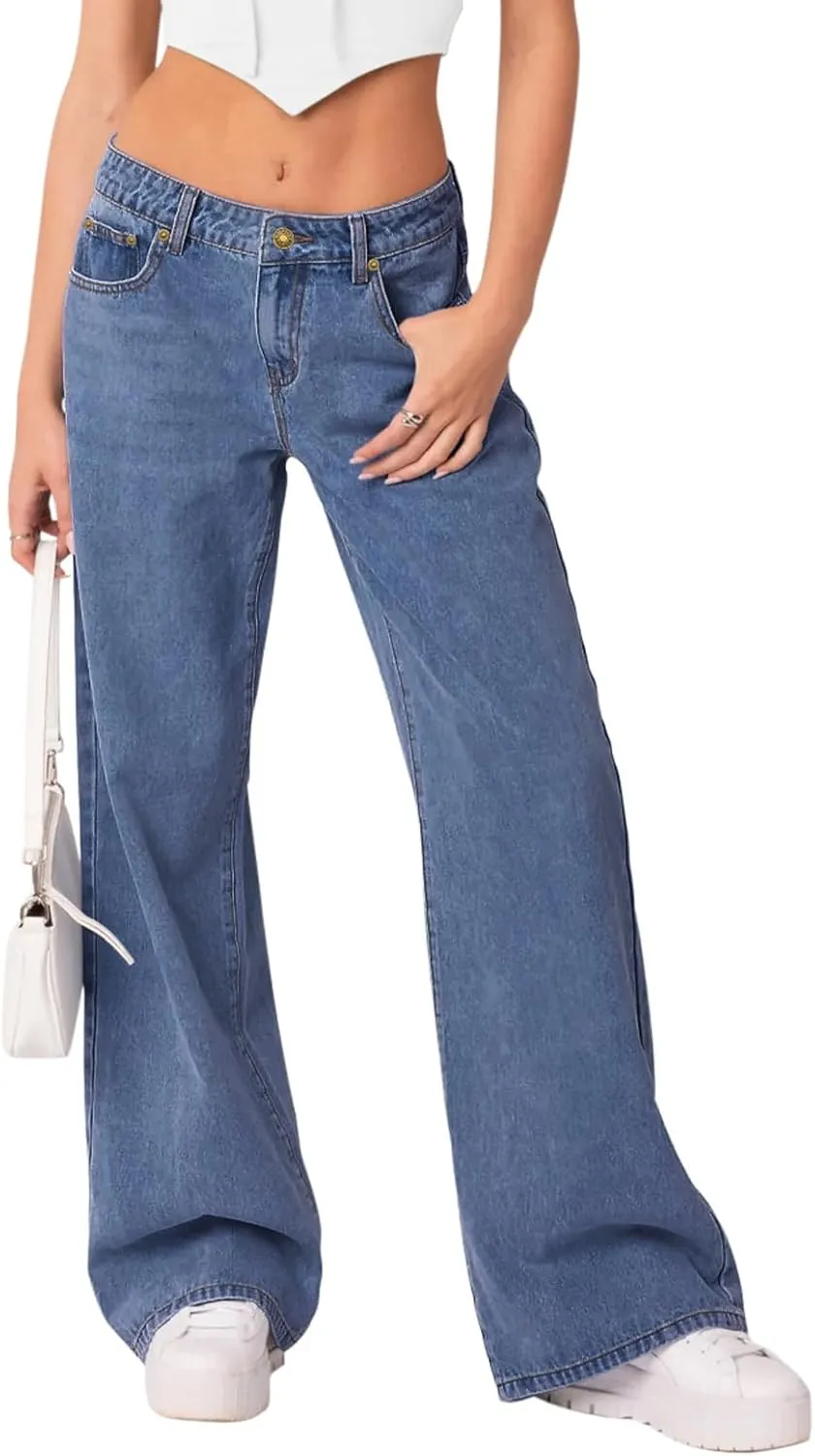 NIMIN Womens Mid Waist Boyfriend Jeans Summer Casual Lounge Loose Straight Wide Leg Y2K Pants with Pockets