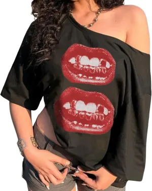 Off The Shoulder Cute Shirts for Women Oversized Tshirt Y2k Graphic Tee Lips Print Baggy Shirts Vintage Tops