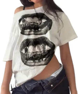 Off The Shoulder Cute Shirts for Women Oversized Tshirt Y2k Graphic Tee Lips Print Baggy Shirts Vintage Tops