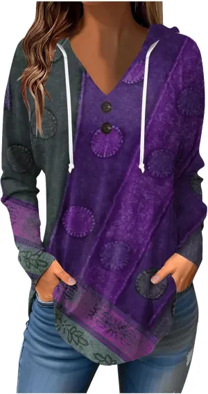 Oversized Hoodie Woman Winter Casual Slimming Shirts Vneck Long Sleeve Tops Fall Ethnic Floral Button Tunic Sweatshirt