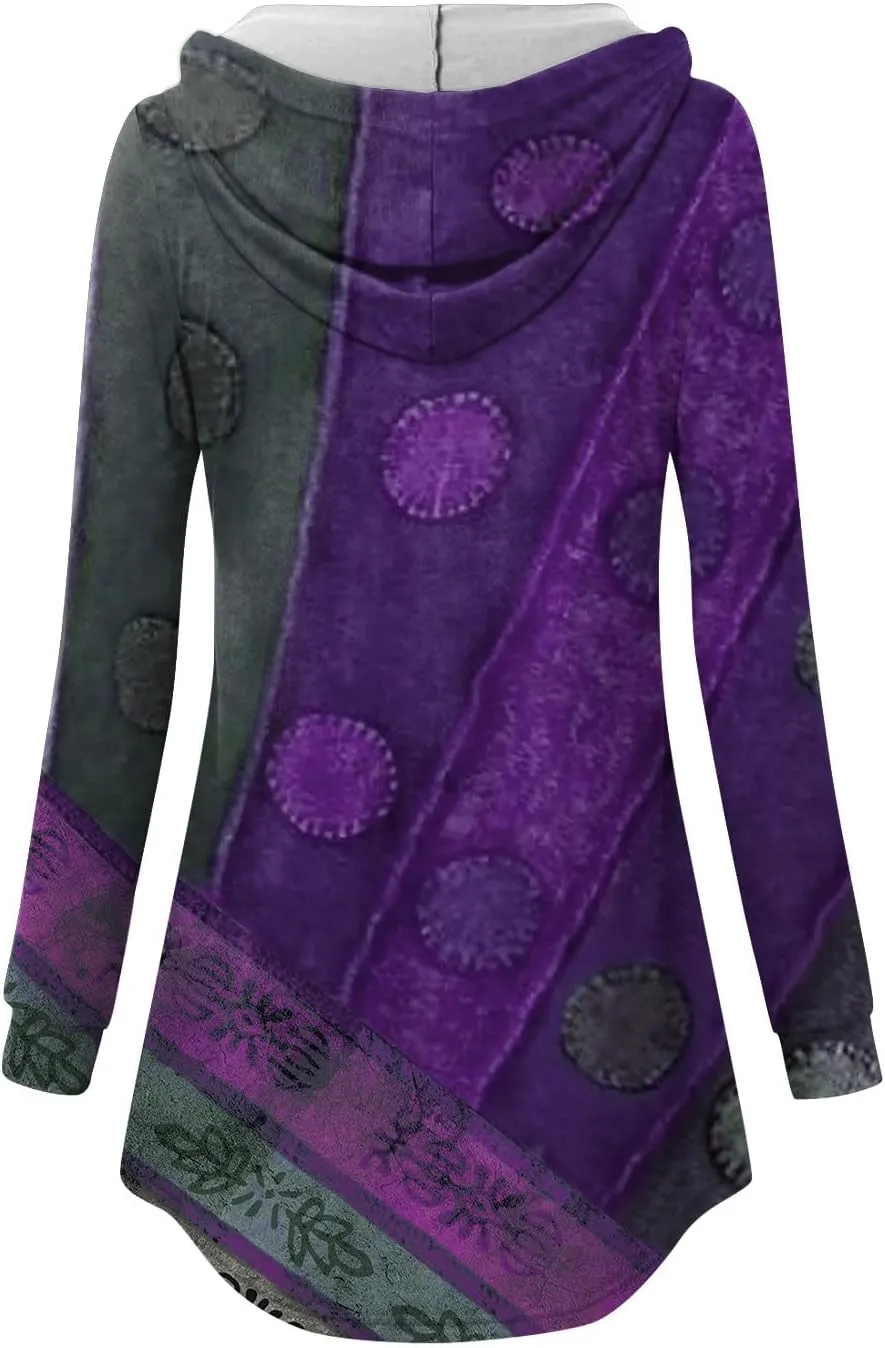 Oversized Hoodie Woman Winter Casual Slimming Shirts Vneck Long Sleeve Tops Fall Ethnic Floral Button Tunic Sweatshirt