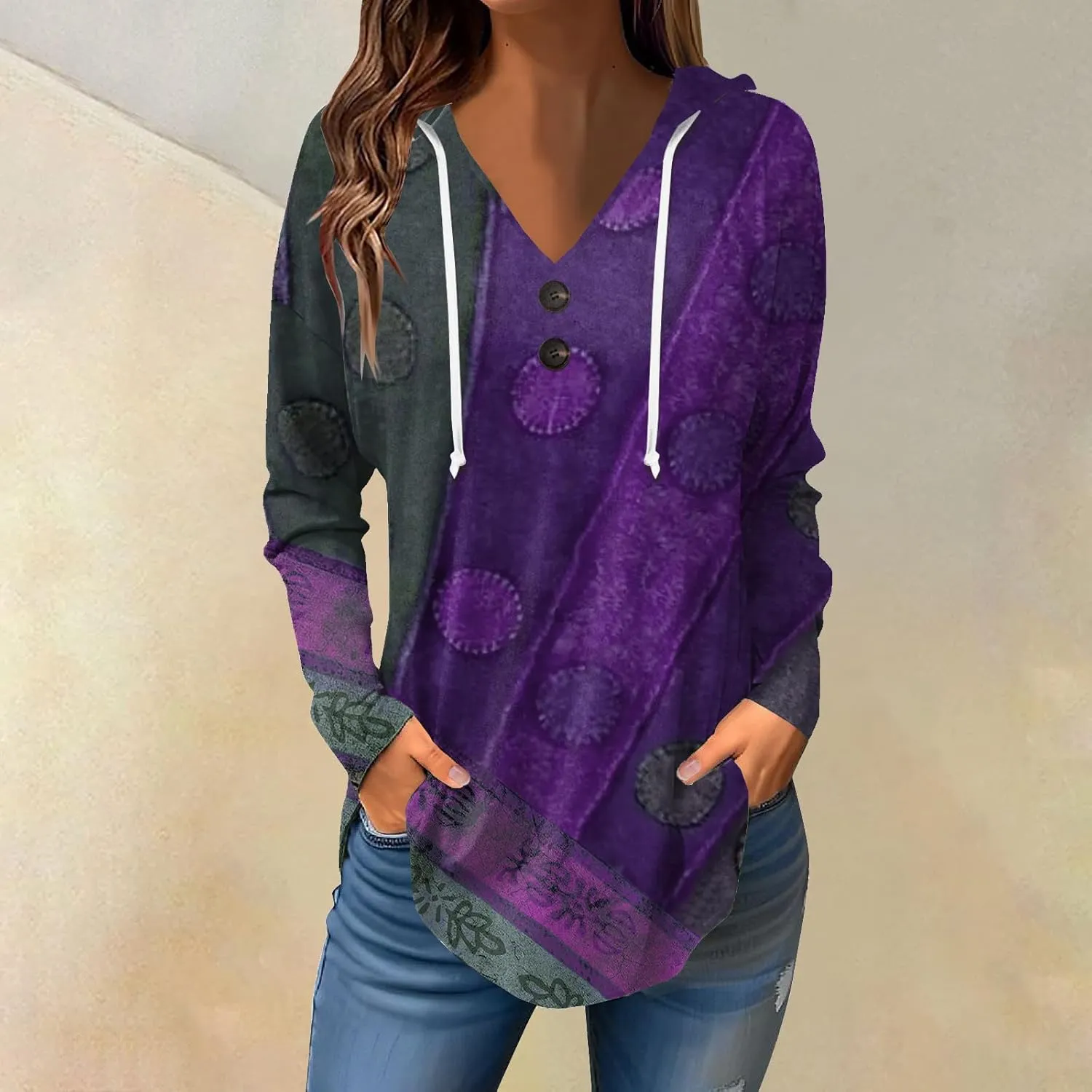 Oversized Hoodie Woman Winter Casual Slimming Shirts Vneck Long Sleeve Tops Fall Ethnic Floral Button Tunic Sweatshirt