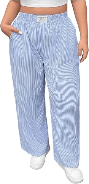 OYOANGLE Women's Plus Size Striped Letter Patch Pockets Pants Elastic High Waist Straight Leg Trousers
