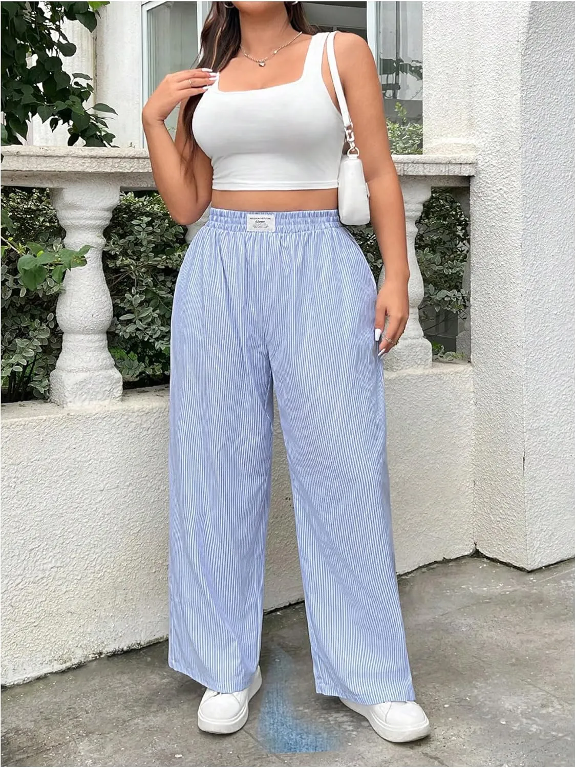 OYOANGLE Women's Plus Size Striped Letter Patch Pockets Pants Elastic High Waist Straight Leg Trousers