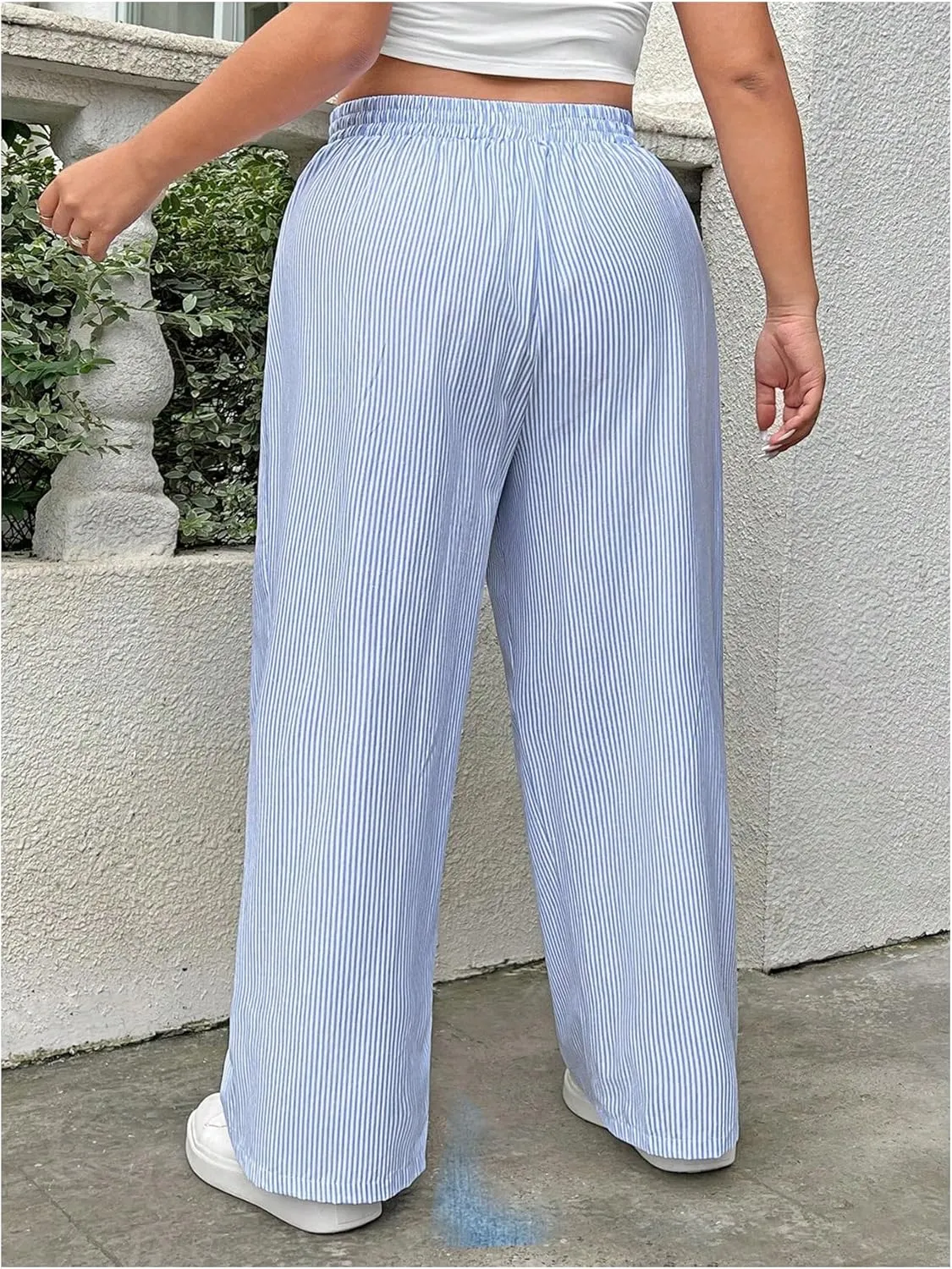 OYOANGLE Women's Plus Size Striped Letter Patch Pockets Pants Elastic High Waist Straight Leg Trousers