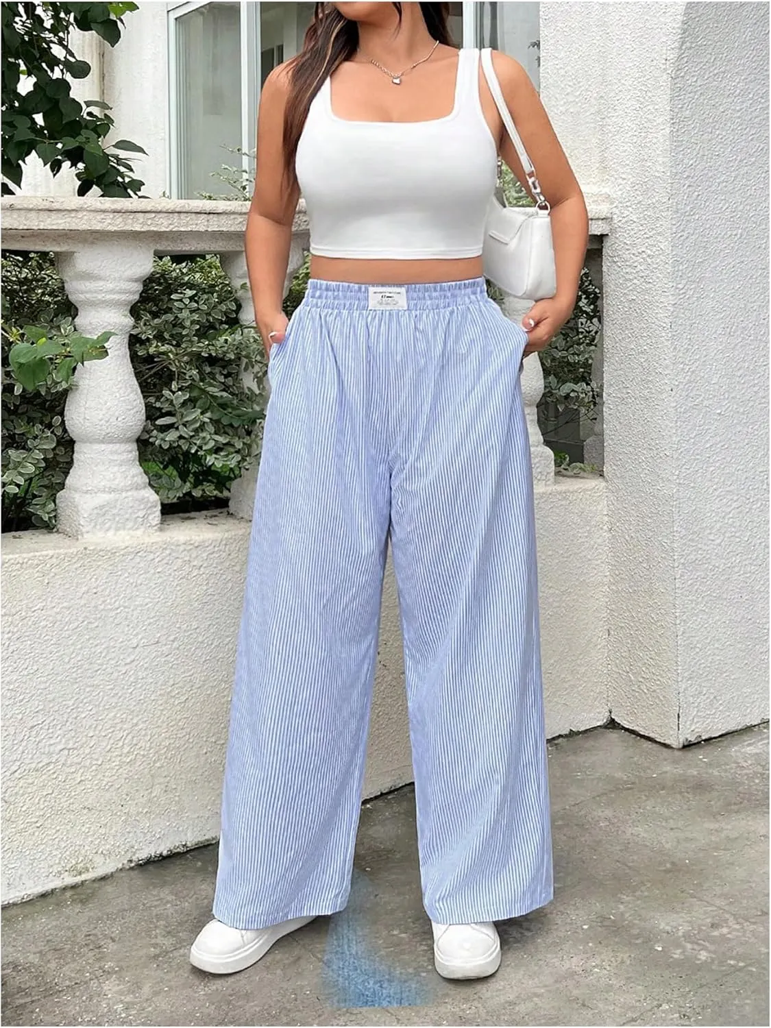 OYOANGLE Women's Plus Size Striped Letter Patch Pockets Pants Elastic High Waist Straight Leg Trousers