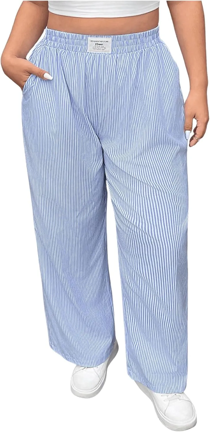 OYOANGLE Women's Plus Size Striped Letter Patch Pockets Pants Elastic High Waist Straight Leg Trousers