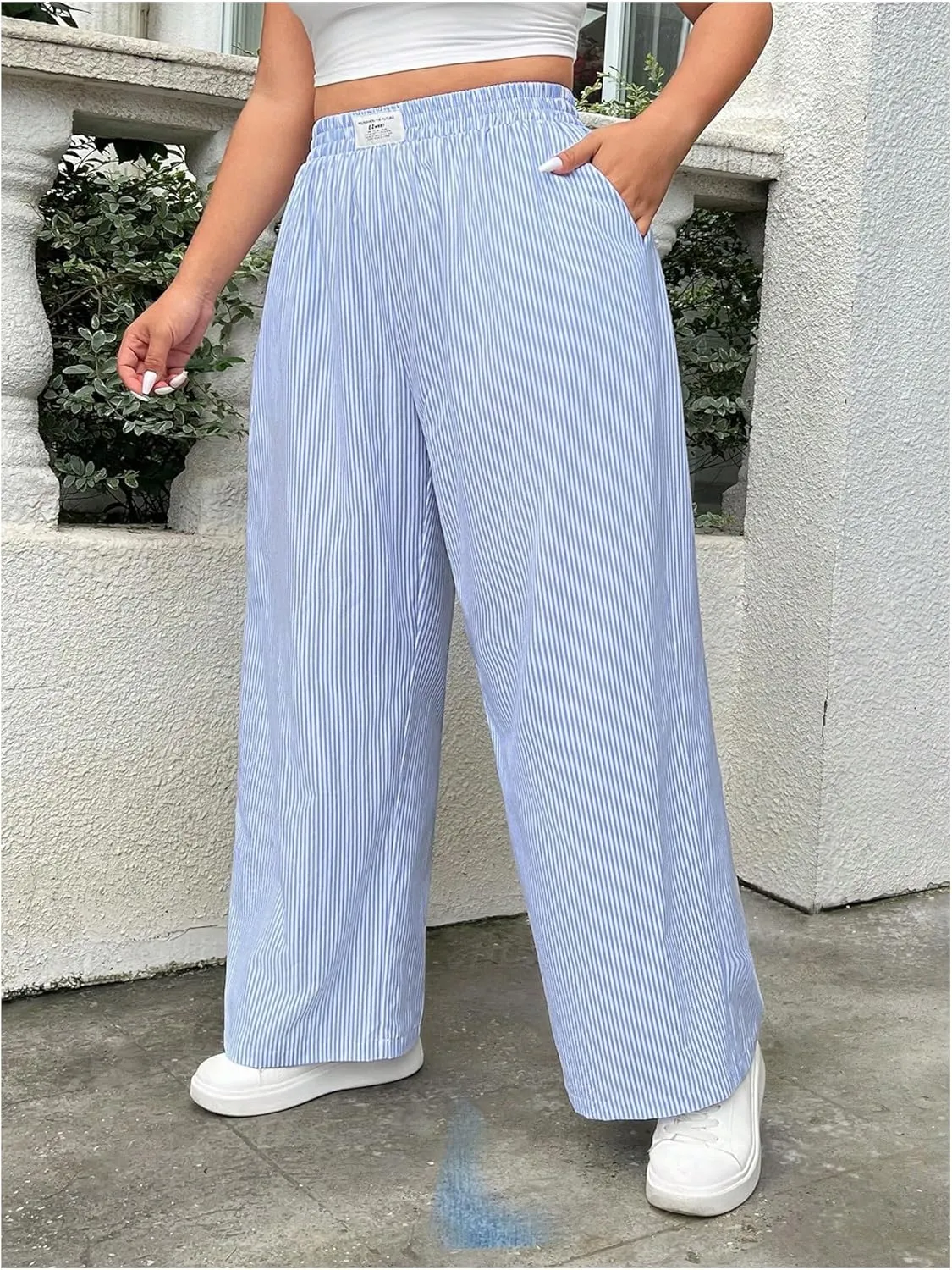 OYOANGLE Women's Plus Size Striped Letter Patch Pockets Pants Elastic High Waist Straight Leg Trousers