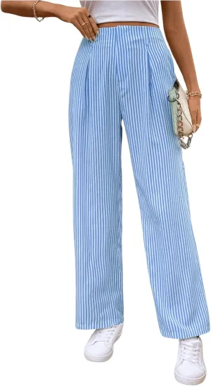 OYOANGLE Women's Striped Print Straight Leg Long Pants High Waist Zipper Fly Casual Trousers with Pockets
