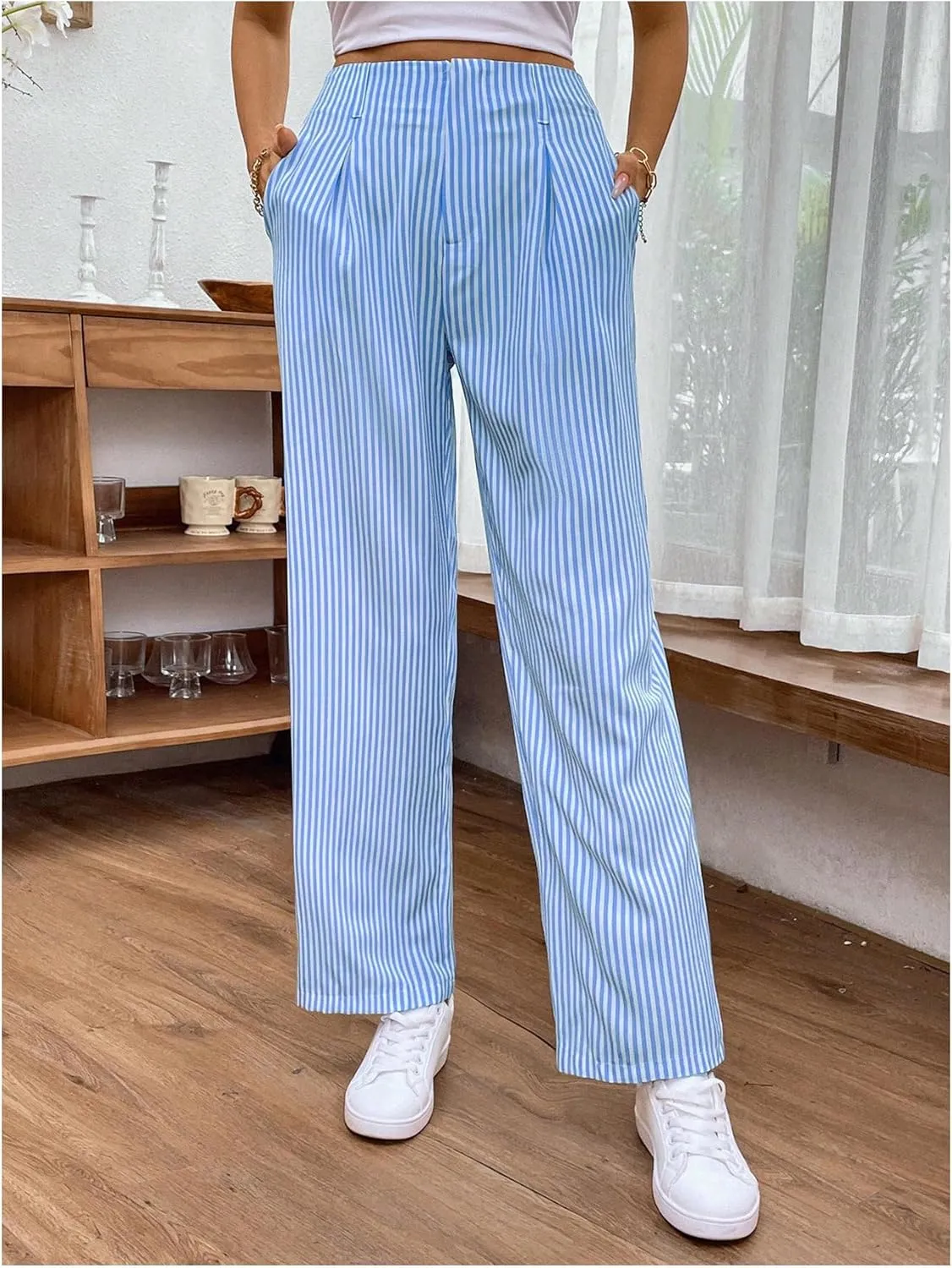 OYOANGLE Women's Striped Print Straight Leg Long Pants High Waist Zipper Fly Casual Trousers with Pockets
