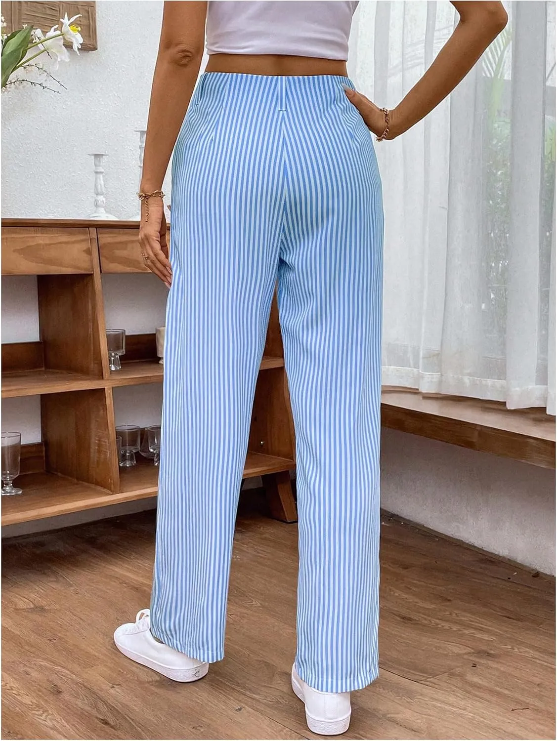 OYOANGLE Women's Striped Print Straight Leg Long Pants High Waist Zipper Fly Casual Trousers with Pockets