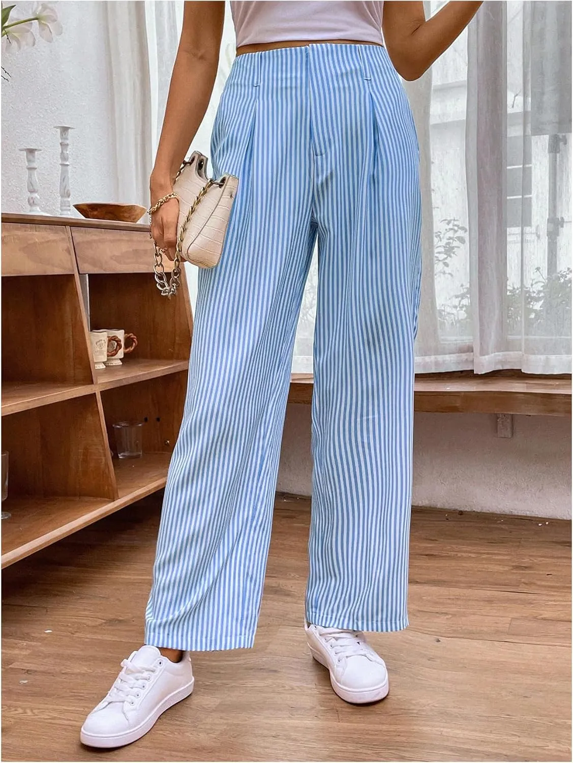 OYOANGLE Women's Striped Print Straight Leg Long Pants High Waist Zipper Fly Casual Trousers with Pockets