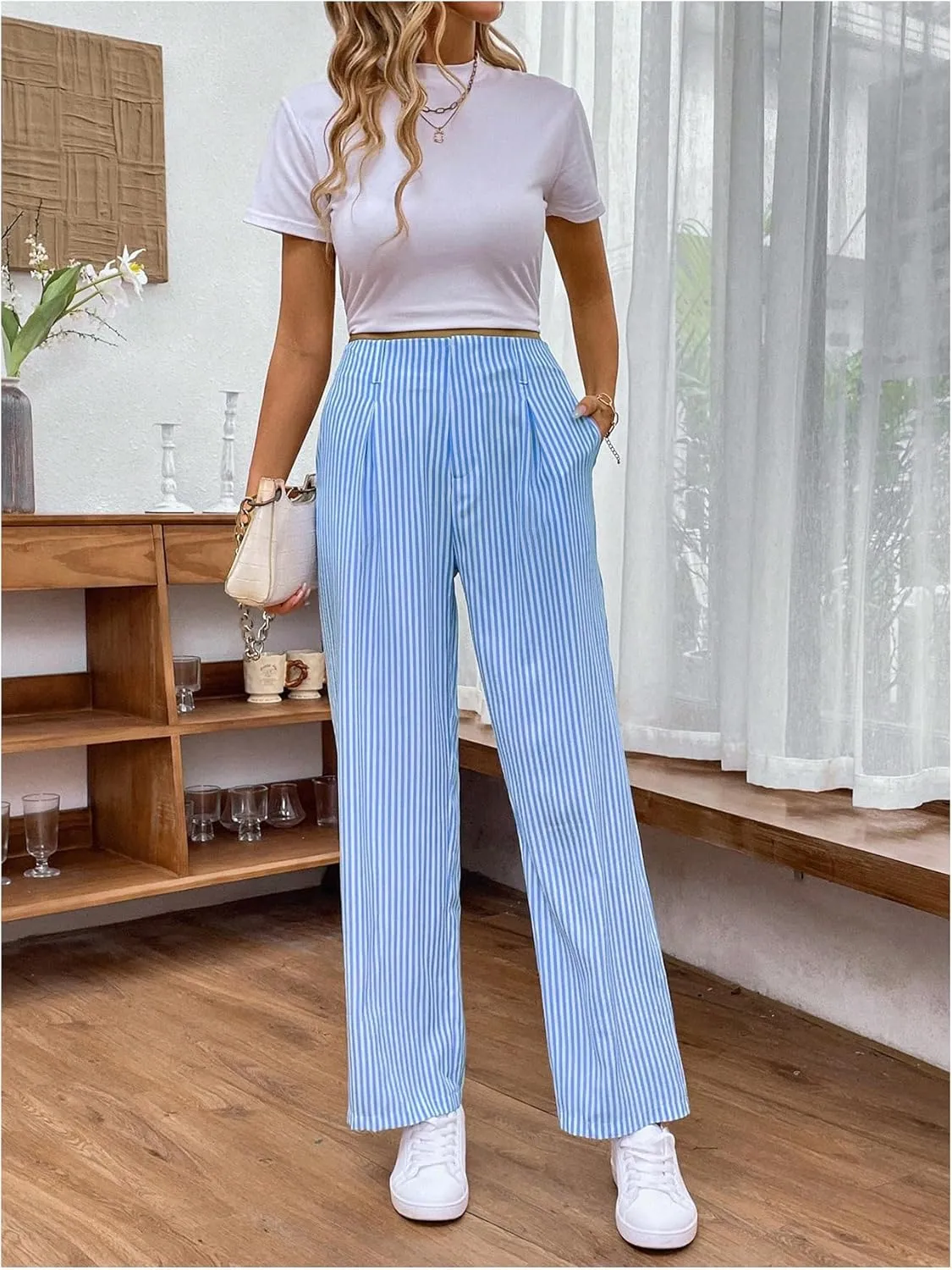 OYOANGLE Women's Striped Print Straight Leg Long Pants High Waist Zipper Fly Casual Trousers with Pockets