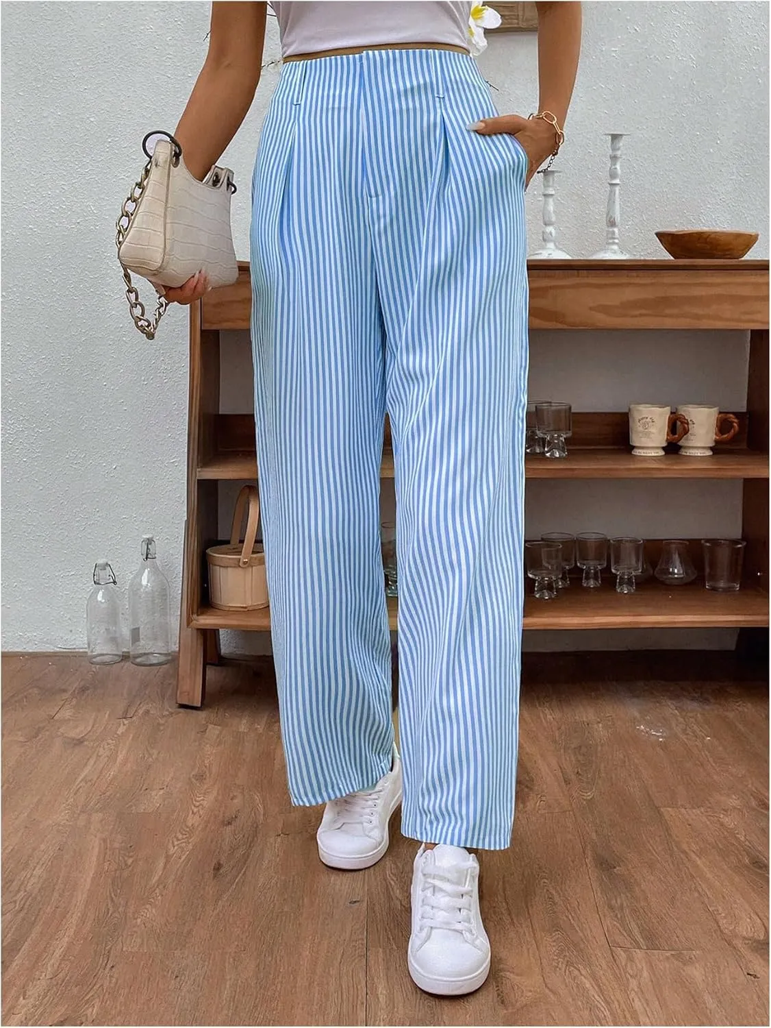 OYOANGLE Women's Striped Print Straight Leg Long Pants High Waist Zipper Fly Casual Trousers with Pockets