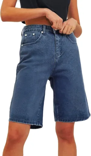 Plus Size Jean Shorts Womens High Waisted Classic Casual Long Jean Shorts Stretchy Denim Jorts with Pockets