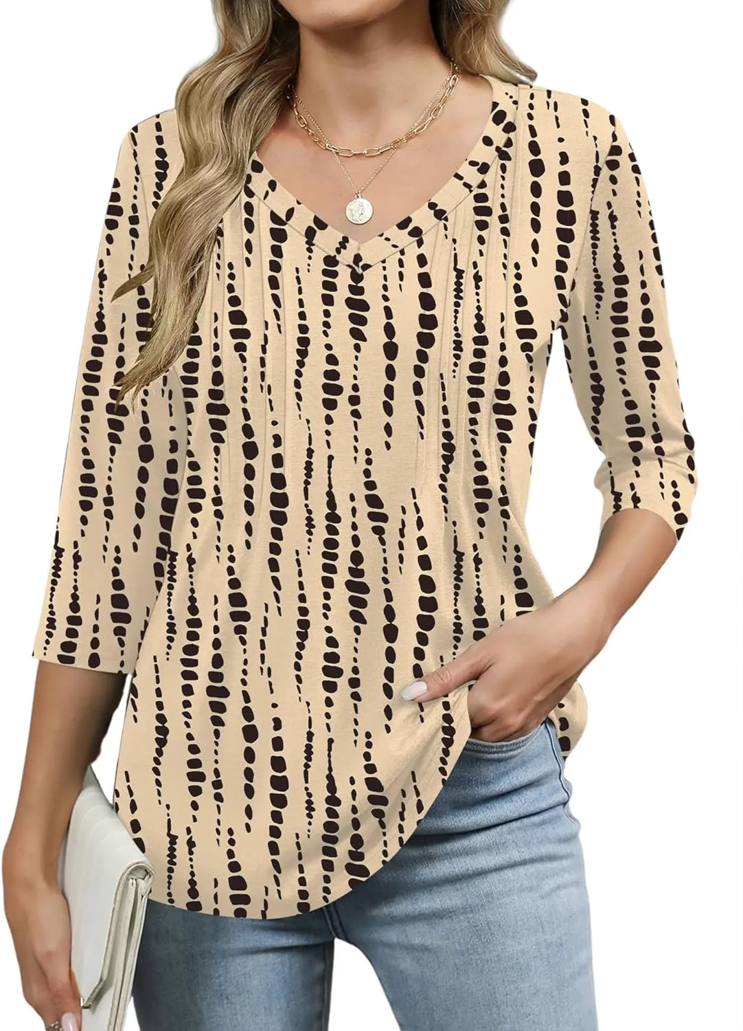 Romanstii Shirts for Women 2025 Summer 3/4 Length Sleeve Womens Tops Dressy Casual Pleated Blouses V Neck Tee Shirts S-3XL