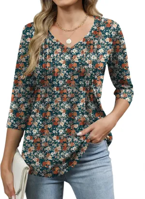 Romanstii Shirts for Women 2025 Summer 3/4 Length Sleeve Womens Tops Dressy Casual Pleated Blouses V Neck Tee Shirts S-3XL