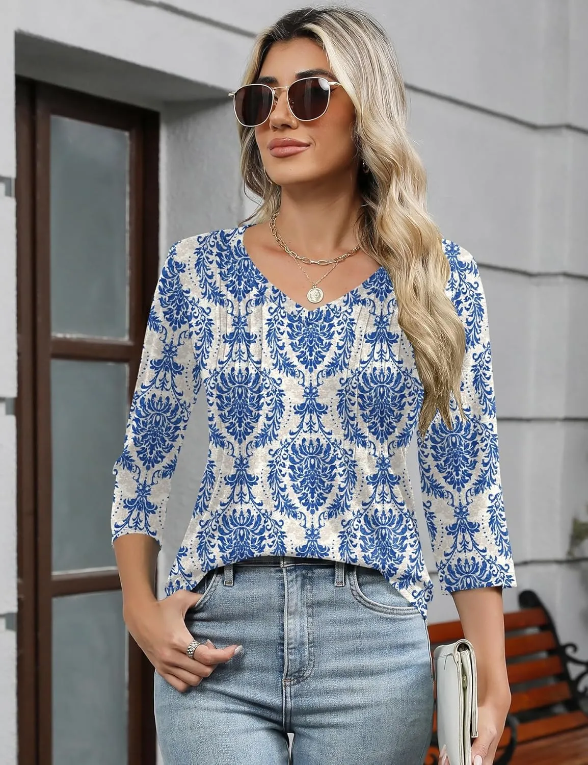 Romanstii Shirts for Women 2025 Summer 3/4 Length Sleeve Womens Tops Dressy Casual Pleated Blouses V Neck Tee Shirts S-3XL