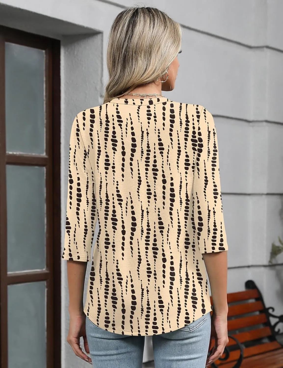 Romanstii Shirts for Women 2025 Summer 3/4 Length Sleeve Womens Tops Dressy Casual Pleated Blouses V Neck Tee Shirts S-3XL