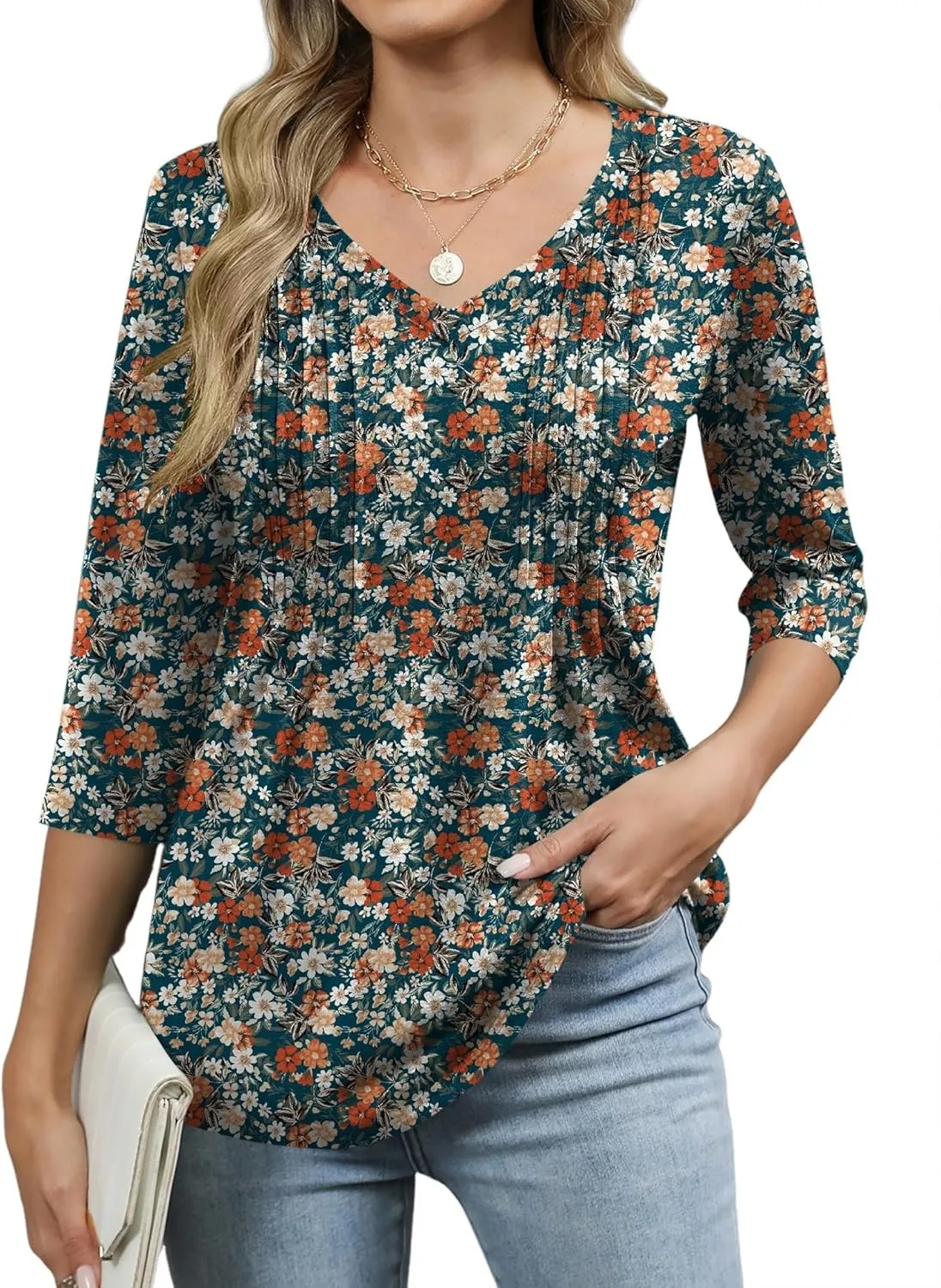 Romanstii Shirts for Women 2025 Summer 3/4 Length Sleeve Womens Tops Dressy Casual Pleated Blouses V Neck Tee Shirts S-3XL