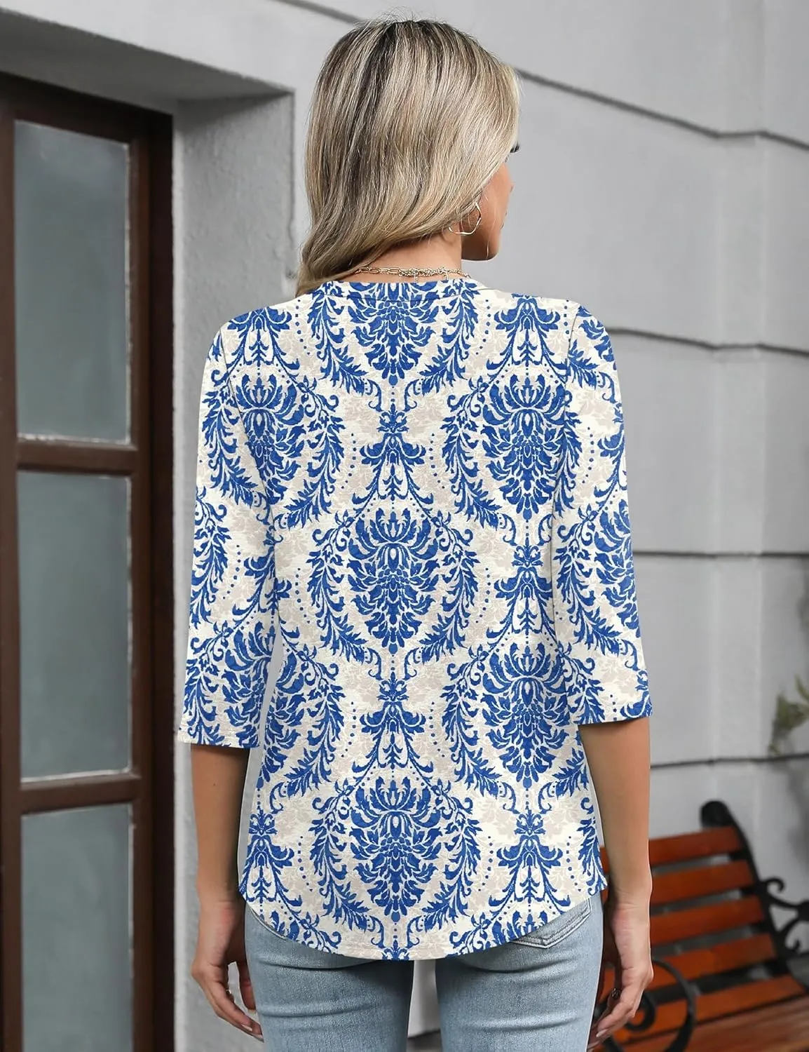 Romanstii Shirts for Women 2025 Summer 3/4 Length Sleeve Womens Tops Dressy Casual Pleated Blouses V Neck Tee Shirts S-3XL