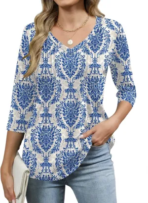 Romanstii Shirts for Women 2025 Summer 3/4 Length Sleeve Womens Tops Dressy Casual Pleated Blouses V Neck Tee Shirts S-3XL