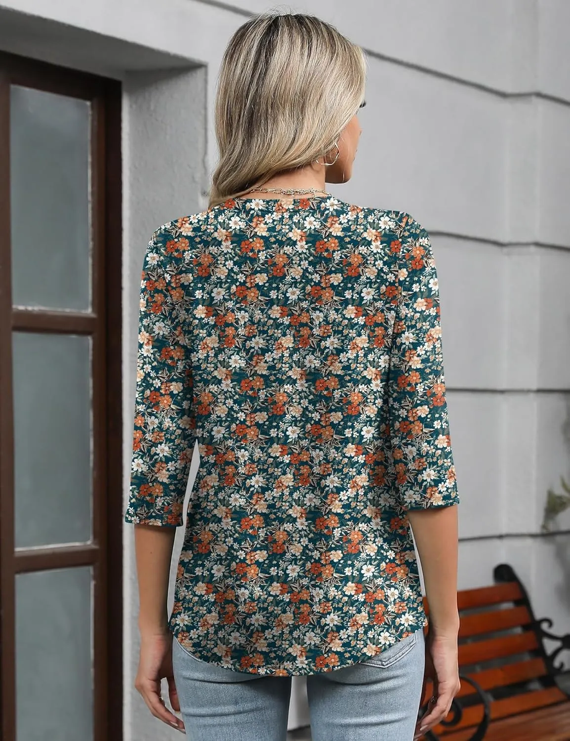 Romanstii Shirts for Women 2025 Summer 3/4 Length Sleeve Womens Tops Dressy Casual Pleated Blouses V Neck Tee Shirts S-3XL