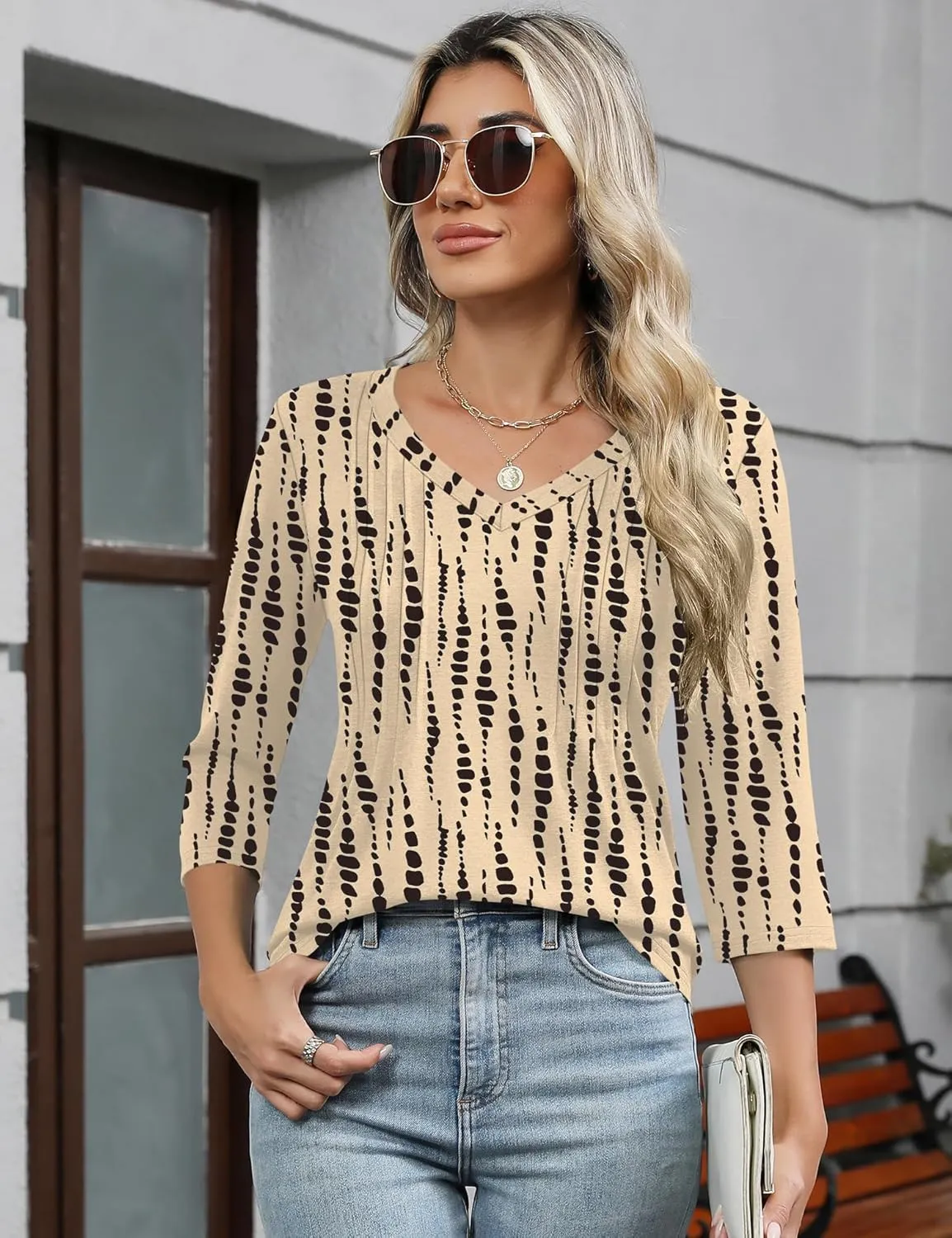Romanstii Shirts for Women 2025 Summer 3/4 Length Sleeve Womens Tops Dressy Casual Pleated Blouses V Neck Tee Shirts S-3XL
