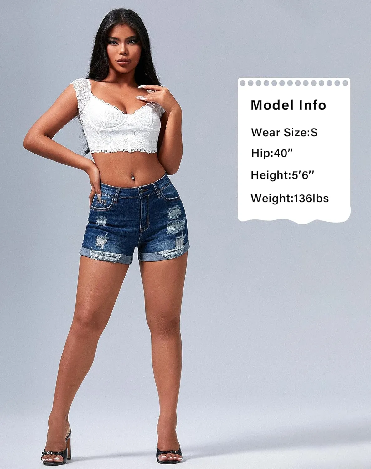 roswear Women's Summer Mid Rise Ripped Denim Shorts Stretchy Butt Lifting Jean Shorts