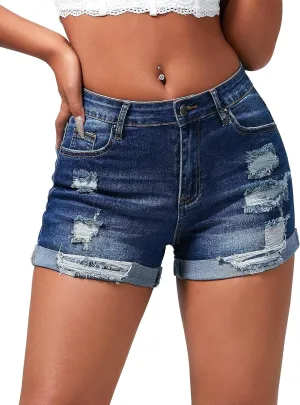roswear Women's Summer Mid Rise Ripped Denim Shorts Stretchy Butt Lifting Jean Shorts