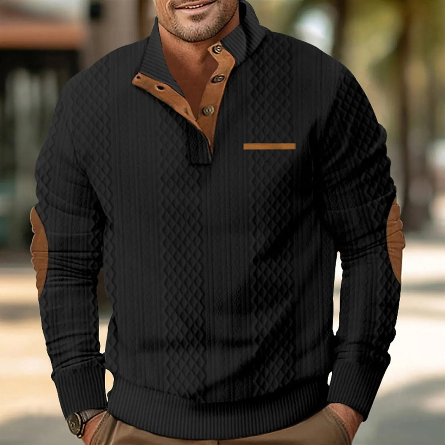 RTRDE Men's Casual Button Up Sweaters Pullover Jacquard Long Sleeve Henley Neck Athletic Workout Sweatshirts, M-3XL