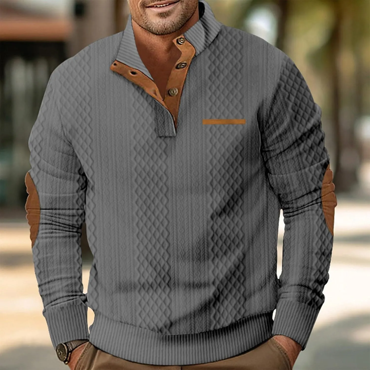 RTRDE Men's Casual Button Up Sweaters Pullover Jacquard Long Sleeve Henley Neck Athletic Workout Sweatshirts, M-3XL